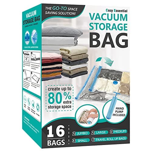 Space Saver Storage Bags, (2 Jumbo/2 Large/3 Medium/3 Small/6 Roll) Compression Vacuum Sealer Bags for Comforters, Blankets, Clothes Storage, Hand Pump Included, 16 Pack - 16 Pack - Image 1