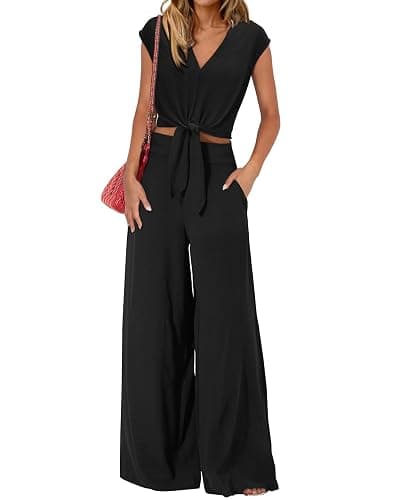 PRETTYGARDEN Women's Summer 2 Piece Outfits 2025 Cap Sleeve V Neck Belted Crop Tops Wide Leg Pant Sets Casual Tracksuit - Image 1