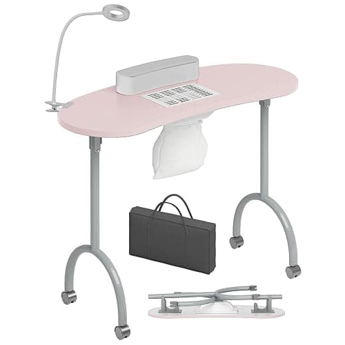 TABU Portable Manicure Nail Table, Foldable Manicure Table with Dust Collector Fan, LED Lamp, 4 Lockable Wheels and Carry Bag, Professional Nail Desk with Wrist Cushion (Pink) - Image 1