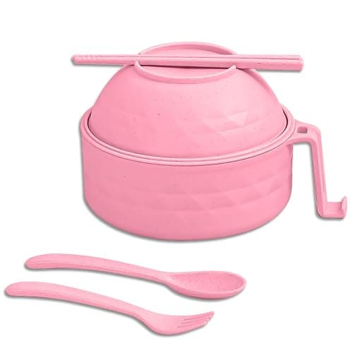 Microwave Ramen Bowl,6-Piece Set Ramen Bowl Set,Ramen Noodle Cooker with Lid and Handle,Ramen Noodles Bowl, Ramen Cooker Microwave,Comes with Spoon And Fork For Home Office Dorm Room College (Pink) - Image 1