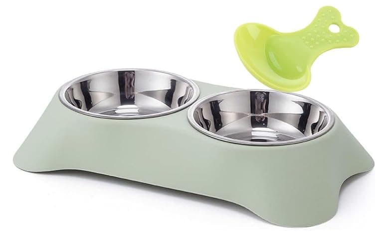 Double Dog Bowl,Non Slip Stainless Steel Double Bowls (M, Green) | Non-spill Pet Double Bowls with 1 Pet Food Spoop For Small Dogs and Cats - Image 1