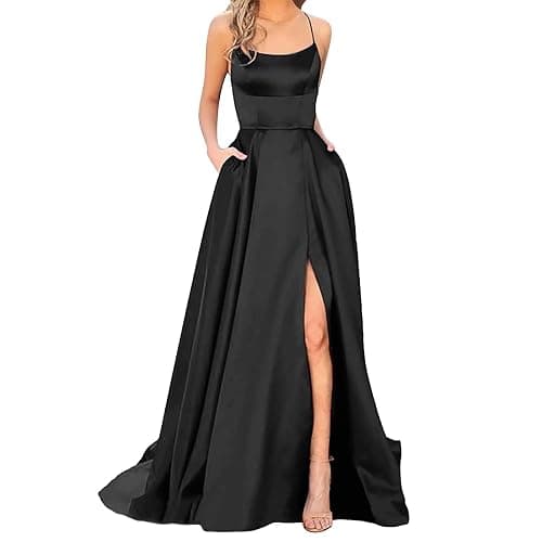 Robe de bal élégante 2025 pour femme - Longue robe de soirée dos nu - En satin - Bretelles spaghetti - Fente latérale - Robe de mariage avec poches - Image 1