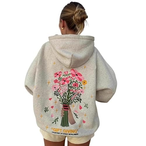 Embroidered Hoodies Women Cute Floral Graphic Preppy Pullover for Teen Girl Oversized Long Sleeve Hood Sweatshirt - Image 1
