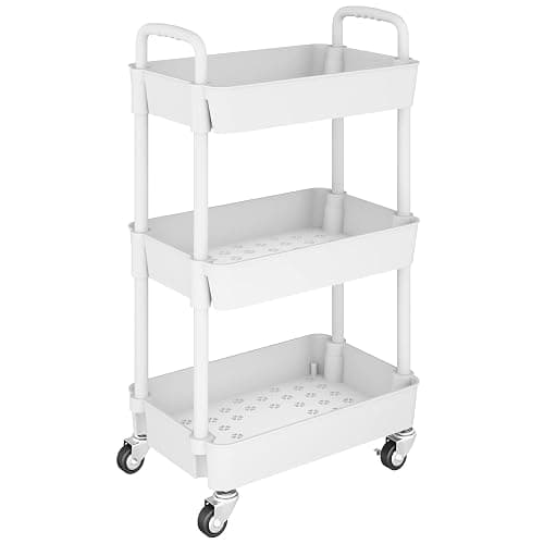 UDEAR 3-Tier Kitchen Rolling Utility Cart,Multifunction Storage Organizer with Handle and 2 Lockable Wheels for Kitchen,Bathroom,Living Room,Office,White - 3-Tier - White - Image 1