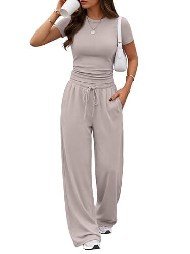 Trendy Queen Women's 2 Piece Matching Summer Lounge Set with Pockets | Vacation Airport Travel Outfits, Workout Gym Clothing Comfy Athleisure Clothes, Side-ruched Top, Drawstring Wide Leg Pants - Image 1