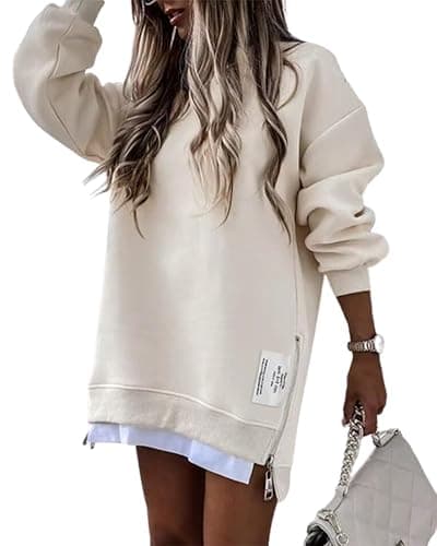 CHICME Womens Long Sleeve Zipper Slit Oversized Sweatshirt Casual Pullover Zipper Hoodies - Large - Apricot - Image 1