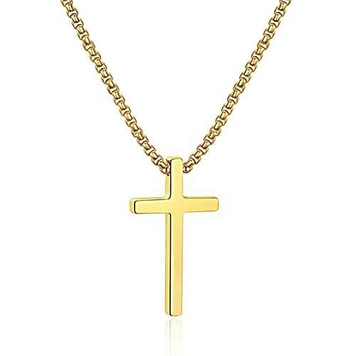 M MOOHAM Cross Necklace for Men, Silver Black Gold Stainless Steel Plain Cross Pendant Necklace for Men Box Chain 16-30 Inch - Image 1