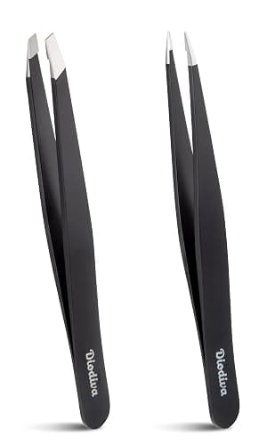 2-Pack Tweezers for Eyebrows, Facial Hair, Ingrown Hair Removal, Slant and Point Tip Tweezer Set for Women and Men, Professional Stainless Steel Precision Eyebrow Plucking Grooming with Case - Black - Image 1