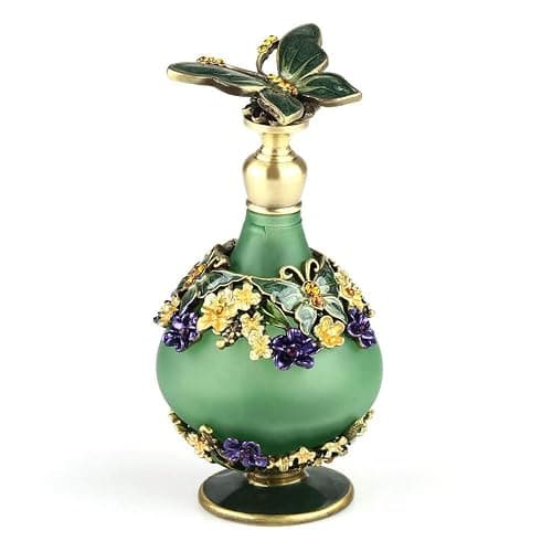 Rayberro Green Butterfly Vintage Perfume Bottle, Crystal Rhinestone Inlayed Decorative Perfume Bottles, 25ML Empty Refillable Essential Oils Dropper Bottle, Glass Perfume Bottles for Women Girl Gift - Image 1
