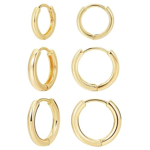 3 Pairs 14K Gold Plated Huggie Hoop Earrings for Women, Minimalist Gold Huggie Hoop Earrings, Simple 3 sizes Hoop Earrings for Women Men gift,gold silver rose gold and black - Gold - Image 1