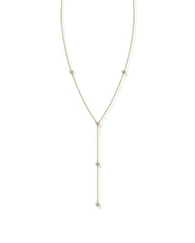 PAVOI 14K Gold Plated Drop Lariat Chain for Women - Gold Cubic Zirconia Long Necklace - Station Star Layered Beaded Y Necklace - Image 1