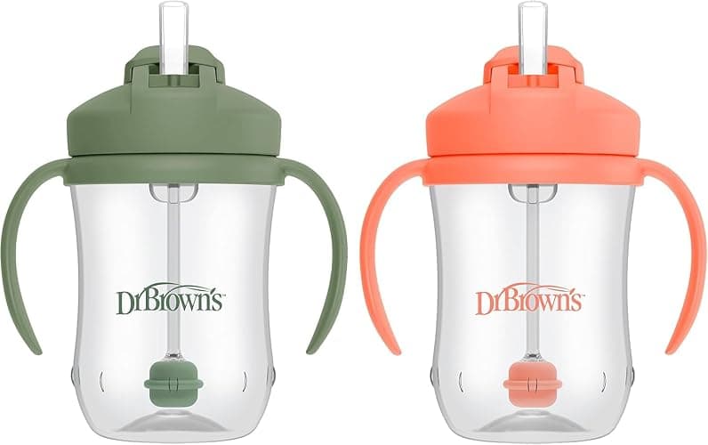 Dr. Brown's Milestones, Baby's First Straw Cup Sippy Cup with Straw, 6m+, 9oz/270ml, 2 Pack, Coral & Olive Green, BPA Free - Image 1