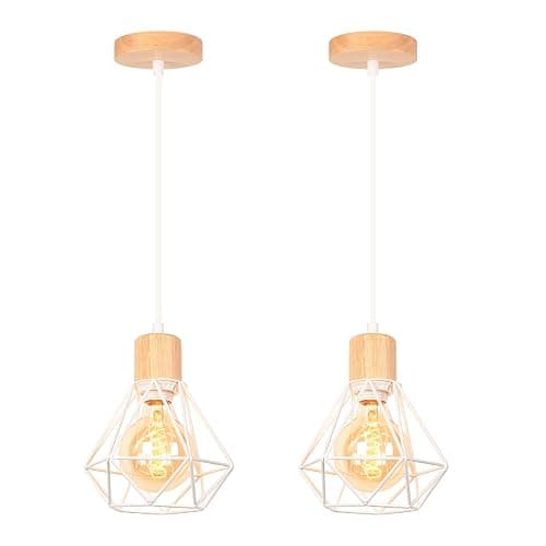 iDEGU Lot de 2 Suspension Luminaire Industrielle Métal Bois Lustre Plafonnier Style Cage Géométrique Mini Éclairage E27 Lampe de Plafond Vintage pour Couloir Entrée, Blanc, Ø 16cm (Seul) - Image 1