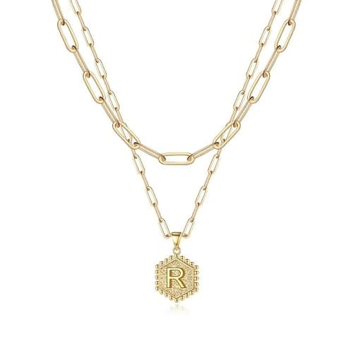 M MOOHAM Dainty Initial Necklaces for Women, 14K-Gold-Plated Layering Necklace for Women Cute Hexagon Letter Initial Necklace Layered Necklaces for Teenage Teen Girls Christmas Gifts Stocking Stuffers - Image 1