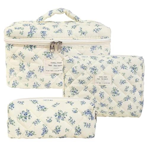3er Set Schminktasche Kosmetiktasche Kulturtasche Damen mit Blumenmuster, Kulturbeutel Make Up Tasche, Tragbare Schminktasche Makeup Bag Waschtasche Groß Frauen Mädchen für Alltag und Reisen (E) - Image 1