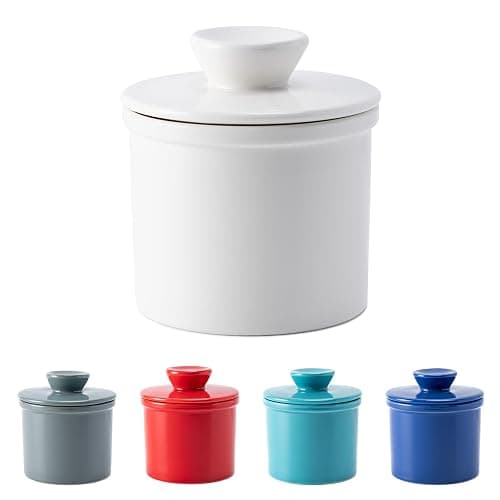 Husfunov Butter Crock With Water Line for Countertop, French Dish With Lid, Ceramic Keeper for Fresh Spreadable Butter, Container Holder for Kitchen and Home Decor, White - Image 1