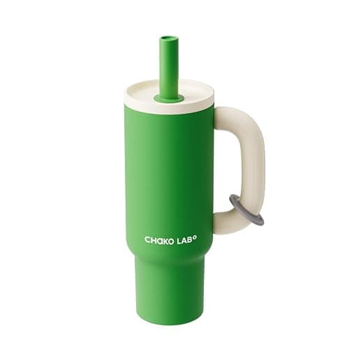 CHAKO LAB BaWang Insulated Stainless Steel Tumbler | Tumbler with Handle and Straw 33oz | Cup Holder Friendly for Travel | Leakproof Water Bottle | BPA-Free | Ceramic liner| Green&White - Image 1