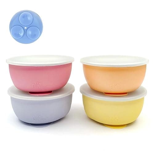 Elk and Friends Stainless Steel Bowls with Silicone Sleeve for Babies & Toddlers | Lids Included | Stay Put Suction | Cereal & Snack Bowls | 4 Pack - Image 1
