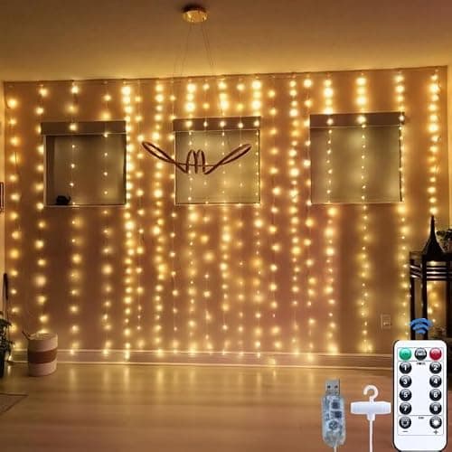 300LED Fairy Curtain Lights, 9.8x9.8Ft Warm White USB Plug in 8 Modes & Timer Christmas String Hanging Lights with Remote for Bedroom Indoor Outdoor Weddings Party Wall Decorations(Warm White) - Image 1