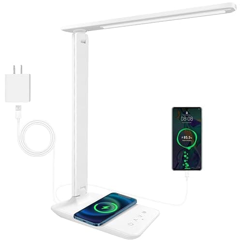 karidi LED Desk Lamp with Wireless Charger, Dimmable Table Lamp Reading Lamp with USB Charging Port, 5 Lighting Modes, Sensitive Control, Foldable Portable Desk Light for Home Office Bedroom Reading - White Pro - Image 1