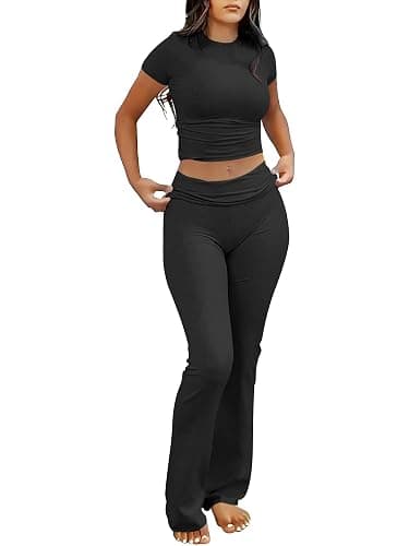 ANRABESS Lounge Sets for Women 2 Piece Foldover Yoga Flare Leggings Pants Crop Tops Casual Y2K Outfits Matching Tracksuit Set - Image 1