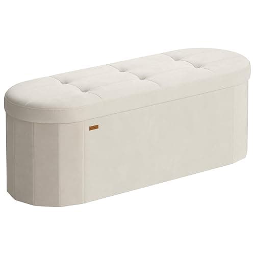 SONGMICS Mazie Collection - Folding Ottoman with Storage, Oval Storage Ottoman Bench, for Living Room, Bedroom, Velvet Fabric, 15 x 43 x 15 Inches, Cream White ULSF297LH01 - Image 1