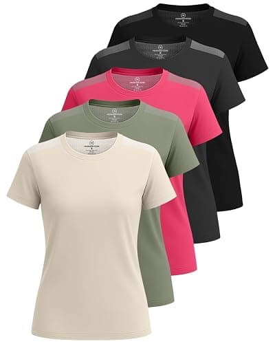 Real Essentials 5 Pack: Women's Short Sleeve Mesh Insert T-Shirts Athletic Tops Gym Workout Yoga Tennis Activewear (Plus) - Image 1