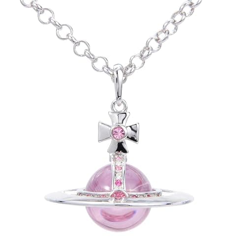 ZHAOZHAO Colorful Saturn Necklace for Women - Sky Star Saturn Planet Pendant with Crystals(Silver+Pink) - Image 1