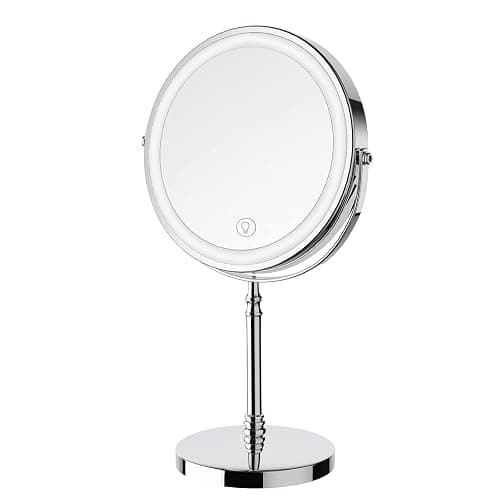 Lighted Makeup Mirror, 8" Rechargeable Double Sided Magnifying Mirror with 3 Colors, 1x/10x 360° Rotation Touch Screen Vanity Mirror, Brightness Adjustable Magnification Cosmetic Light up Mirror - Image 1