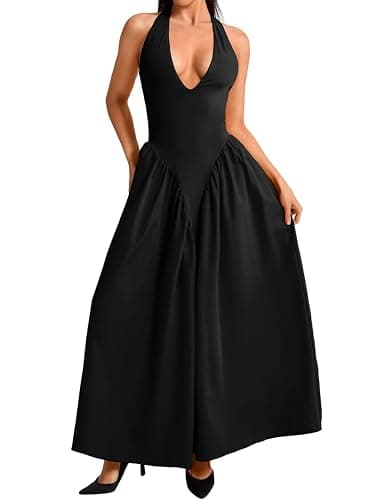 ChiaoLezhee Deep V Neck Dress, Halter Maxi Dresses, Vacation Date Night, Sexy for Women Corset Flowy Wedding Guest Drop Waist - Image 1