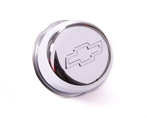 Proform Breather, Push-In, Round, 1-1/4 in Hole, Chevy Bowtie Logo, Steel, Chrome, Each - Image 1