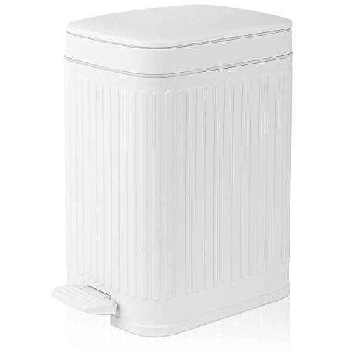 Small Bathroom Trash Can with Lid, 1.9 Gallon Slim Soft Close Step, White | Garbage Can with Pedal for Office, Bedroom, Kitchen & Living Room, Narrow Plastic Wastebasket Container for Small Spaces - Image 1