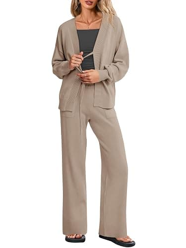 Tankaneo Womens 2 Piece Sweater Sets Oversized Tie Front Cardigan Elastic Waist Pants 2025 Matching Loungewear - Image 1