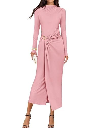 ZESICA Women's 2026 Spring Long Sleeve Bodycon Dress Mock Neck Wedding Guest Cocktail Party Long Midi Dresses - Image 1