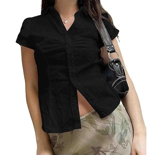 Women Y2k Button Up Shirts Cap Sleeve Lapel Collar Preppy Shirt Slim Fit Summer Coquette Tops - Black - Small - Image 1