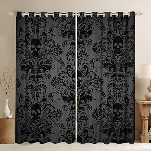 Black Damask Blackout Curtains Antique Victorian Baroque Gothic Vintage Floral Curtains & Drapes Exotic Sugar Skull Window Treatments 2 Panels 42" Wx63 L,Gothic Bone Skeleton Bohemian Decor,Grey - Image 1