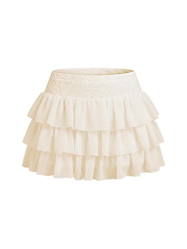 BJhaz Women's Ruffle Mini Skirt with Shorts Layered Cute Pleated Mini Skort | Chiffon lace waistband rave party dating, coquette built-in shorts, tiered frill flowy cute lolita festival clubwear - Image 1