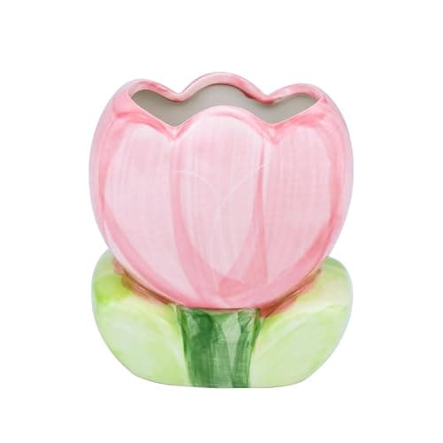 lyvantha Pink Pencil Holder,Ceramic Tulip Pen Holder, Multi-Purpose Makeup Brush, Aesthetic Office Vanity Kitchen Desktop Decor,Perfect Birthday Christmas Gift for Women Girls - Image 1