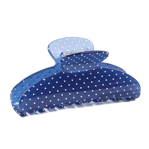 Acetate Hair Claw Clip for Women, 3.8-Inch Blue Polka Dot Big Hair Clips Strong Hold No Slip Claw Clips for Thick or Thin Hair, Includes 2 Black Satin Scrunchies - Image 1