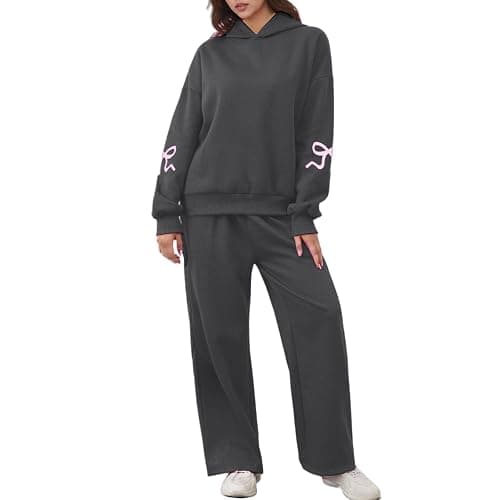 Rianclud Women's 2 Piece Sweatsuit Outfits Bow Print Lounge Sets Hooded Sweatshirt Wide Leg Sweatpant Matching Set Tracksuit - Image 1