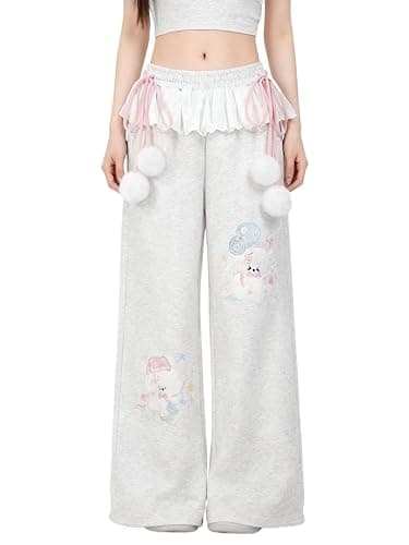 Women Y2k Kawaii 3D Plush Puppy Embroidery Sweatpants Harajuku Cutecore Lace Trim Bow Tie Baggy Casual Wide Leg Joggers - Image 1