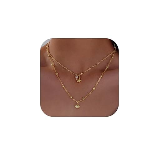 Seashell Starfish Necklace for Women Conch Shell Summer Pearl Beach 14k Gold Layered Dainty Choker - Image 1
