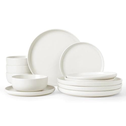 Famiware Milkyway Plates and Bowls Sets, 12 Pieces Dinnerware Sets, Reactive Glaze Dish Set, Stoneware Dishes Set for 4, Matte White - Image 1