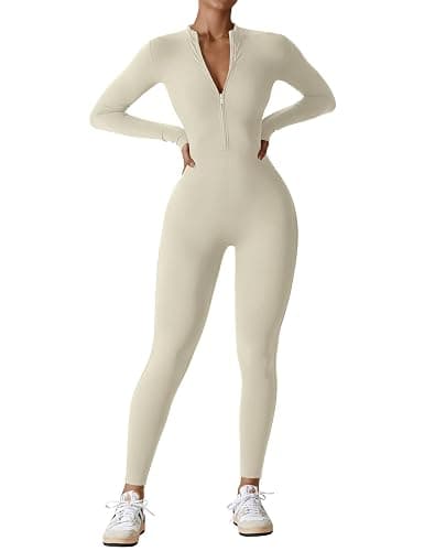 YEOREO Women Workout Jumpsuit Zip Up Long Sleeve Romper Bottom Pants Bodysuit Bodycon Sexy One Piece - Image 1