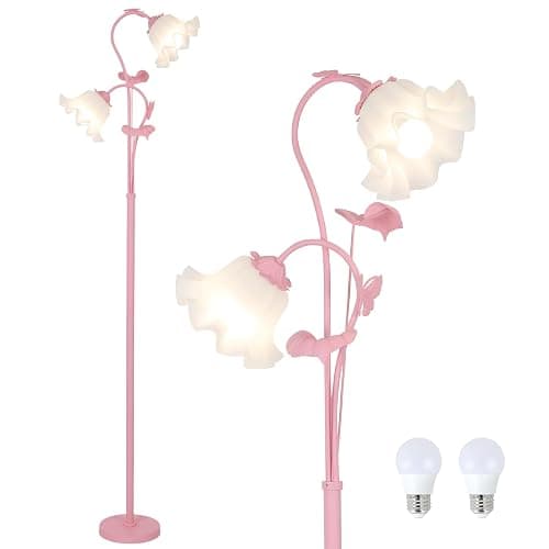 HMVPL Pink Flower Floor Lamp, Floral Standing Lamp with 2 LED 5W Blubs, Foot Switch, Modern Corner Tall Lamp with Acrylic Shade, Girls Cute Floor Lamp for Living Room Bedroom Office Kids Reading - Image 1
