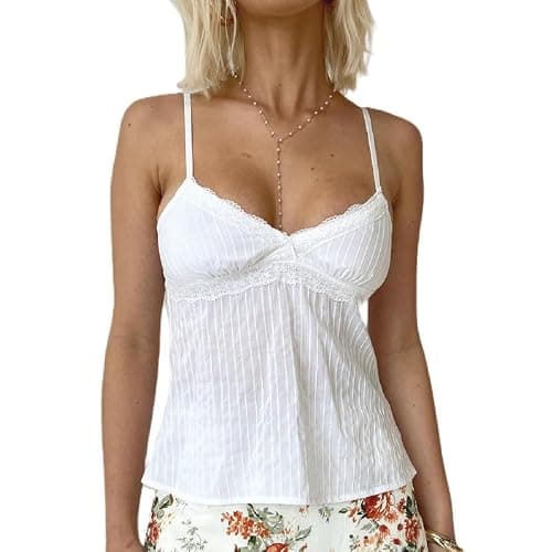 Women Y2k Babydoll Tank Tops Lace Trim V Neck Crop Cami Spaghetti Strap Peplum Top Summer Cute Aesthetic Flowy Shirts - Image 1