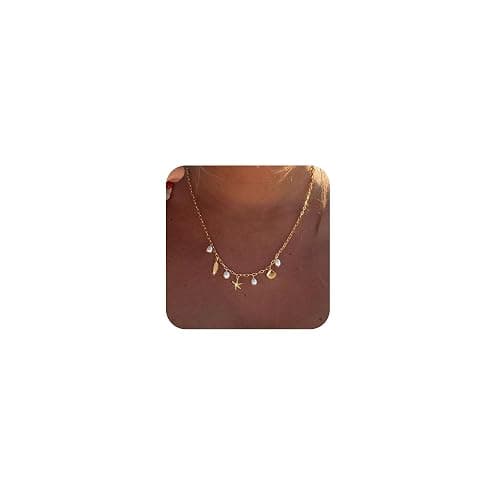 Rumgey Charm Necklace for Women - Dainty Paperclip Beach Charm Necklace Cute Shell Necklace Moon Star Accessory Beach Cross Hexagram Pendant Preppy Stuff Summer Jewelry for Women - Image 1