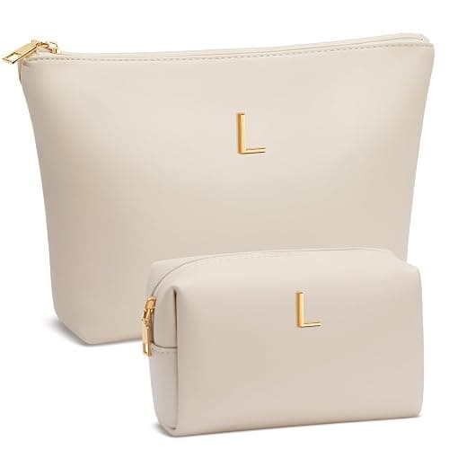 CLOUDWINGS Women Gifts | Initial Makeup Bag Set for Girl Personalized Gifts for Bridesmaid Friend Graduation Teachers PU Leather Cosmetic Travel Toiletry Bag(Beige,L) - Image 1