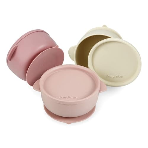 PandaEar 3 Pack Baby Bowls with Suction| Leak-Proof Stay Put Silicone Food Bowl with Lids for Babies Kids Toddlers Infants| Food Grade Soft Safe BPA-Free Silicone (Pink Rose Linen) - Image 1