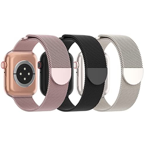 Steezrd 3 Pack Mesh Metal Bands Compatible with Apple Watch Band 38mm 40mm 41mm 42mm 44mm 45mm 49mm, Stainless Steel Magnetic Loop Strap for iWatch Ultra/2 Series 9/8/SE/7/6/5/4/3/2/1 Men Women - A-Rose Gold/Black/Starlight - 38/40/41mm - Image 1